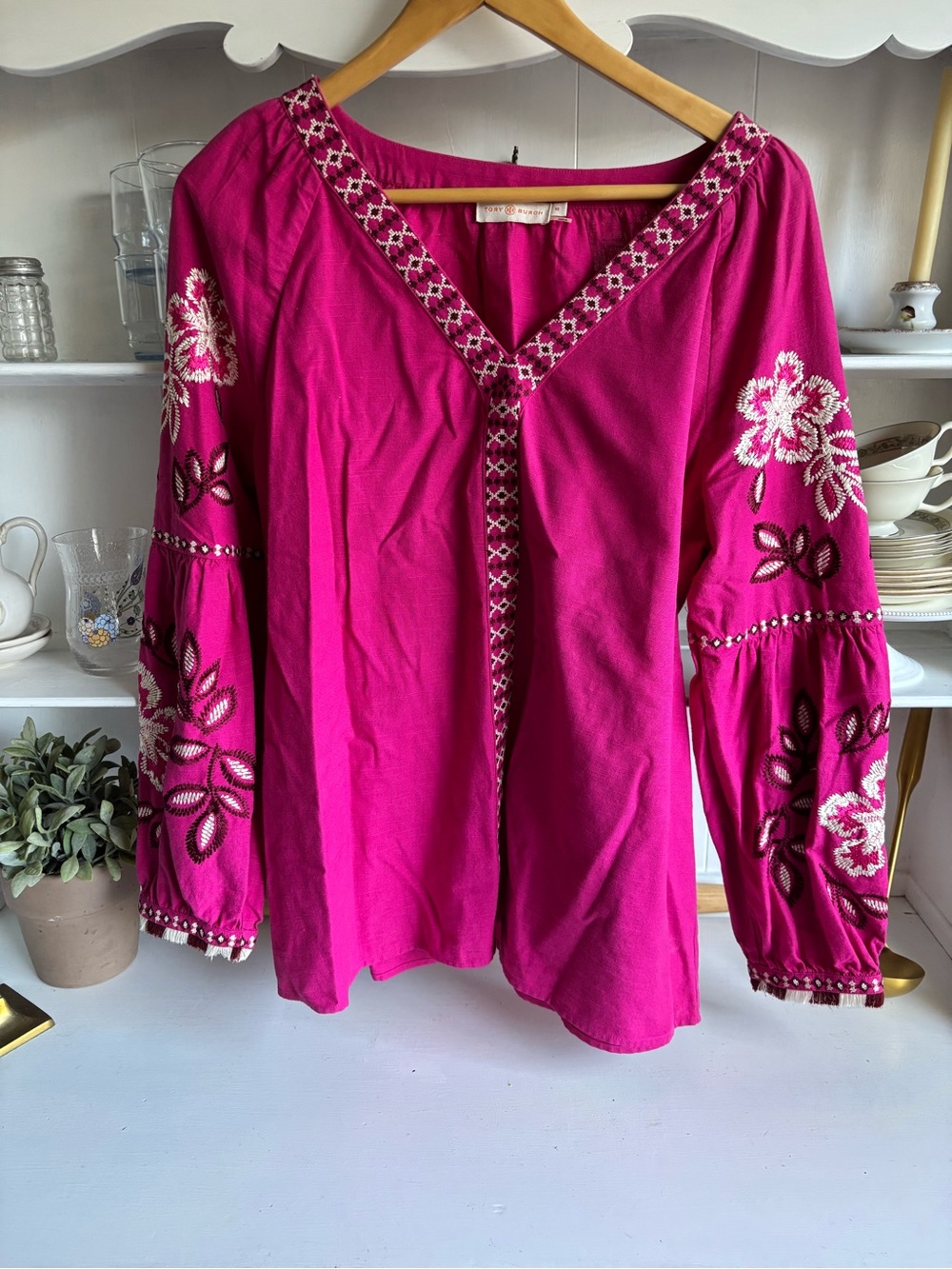 Tory Burch Fuchsia Embroidered Peasant Tunic